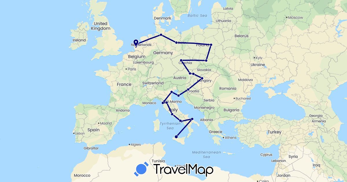 TravelMap itinerary: driving in Austria, Czech Republic, Germany, Croatia, Hungary, Italy, Netherlands, Poland, Slovakia, Vatican City (Europe)